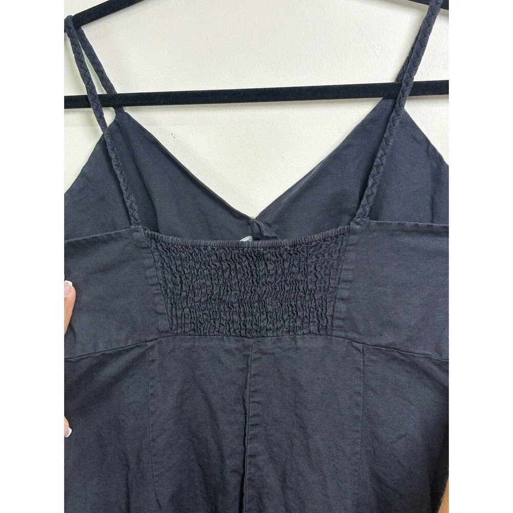 Zara Navy Linen Button Front Smocked V-Neck Sleeveless Jumpsuit L